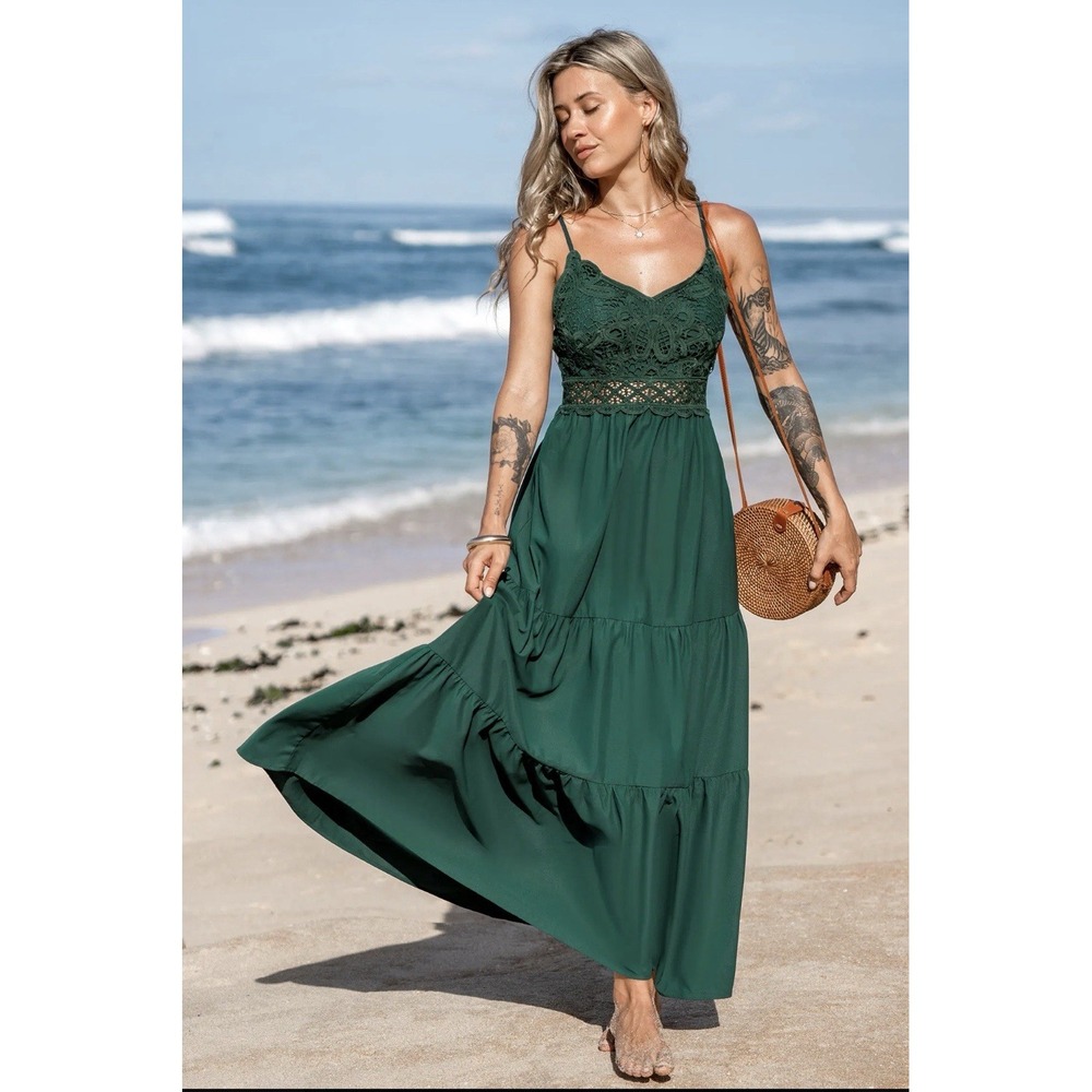 Dokuritu‎ Emerald Green Crochet Lace Tiered Coastal Boho Chic Maxi Dres
